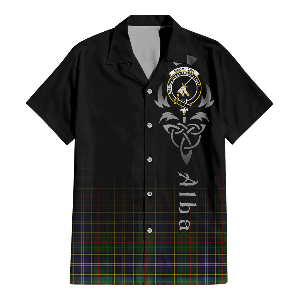 Tartan Vibes Clothing MacMillan Hunting Modern Tartan Short Sleeve Button Up Featuring Alba Gu Brath Family Crest Celtic Inspired