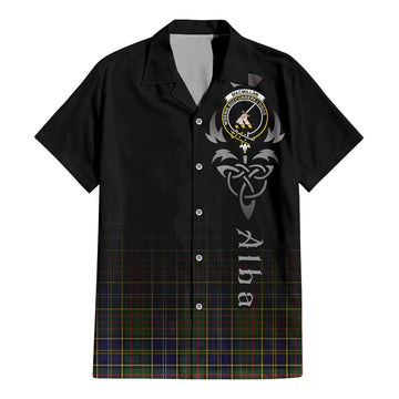 MacMillan Hunting Modern Tartan Short Sleeve Button Up Shirt Featuring Alba Gu Brath Family Crest Celtic Inspired