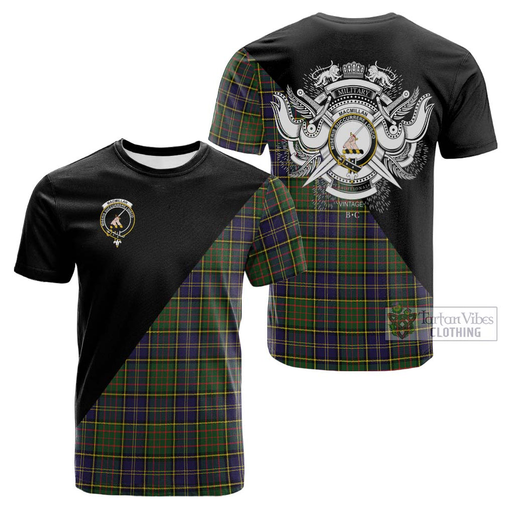 Tartan Vibes Clothing MacMillan Hunting Modern Tartan Cotton T-shirt with Family Crest and Military Logo Style