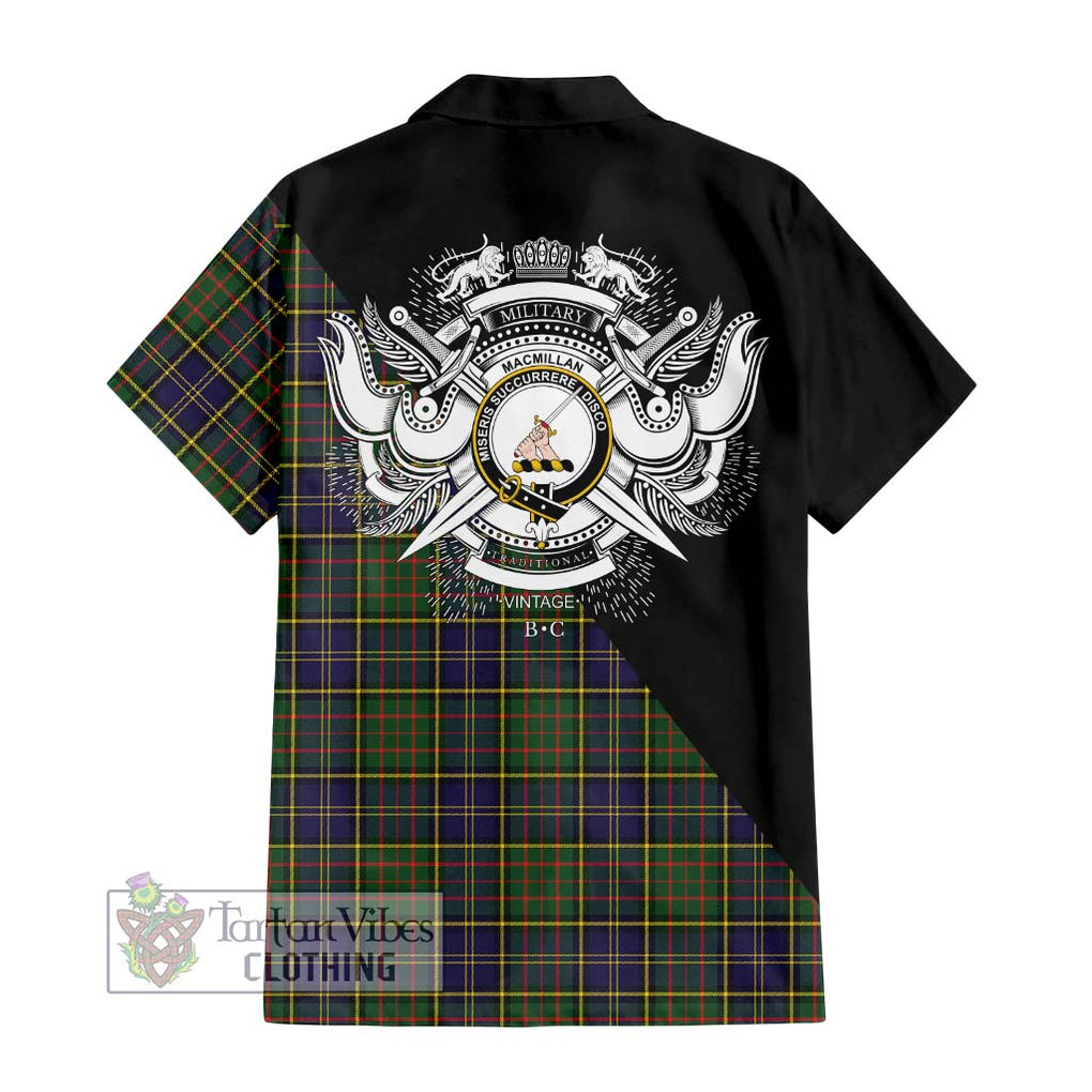 MacMillan Hunting Modern Tartan Short Sleeve Button Shirt with Family Crest and Military Logo Style - Tartanvibesclothing Shop