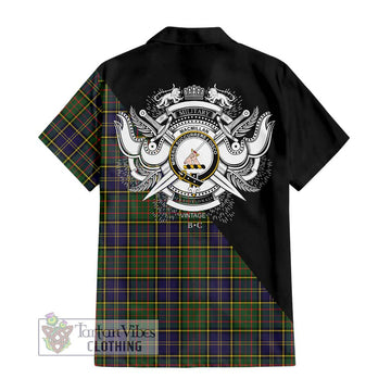 MacMillan Hunting Modern Tartan Short Sleeve Button Shirt with Family Crest and Military Logo Style