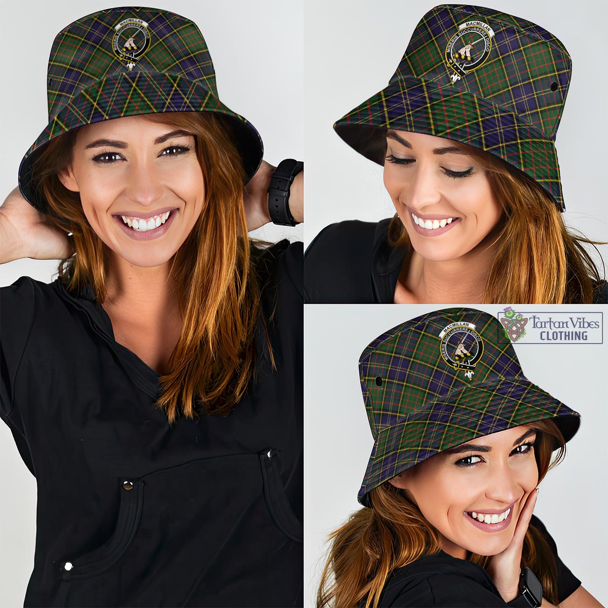 Tartan Vibes Clothing MacMillan Hunting Modern Tartan Bucket Hat with Family Crest