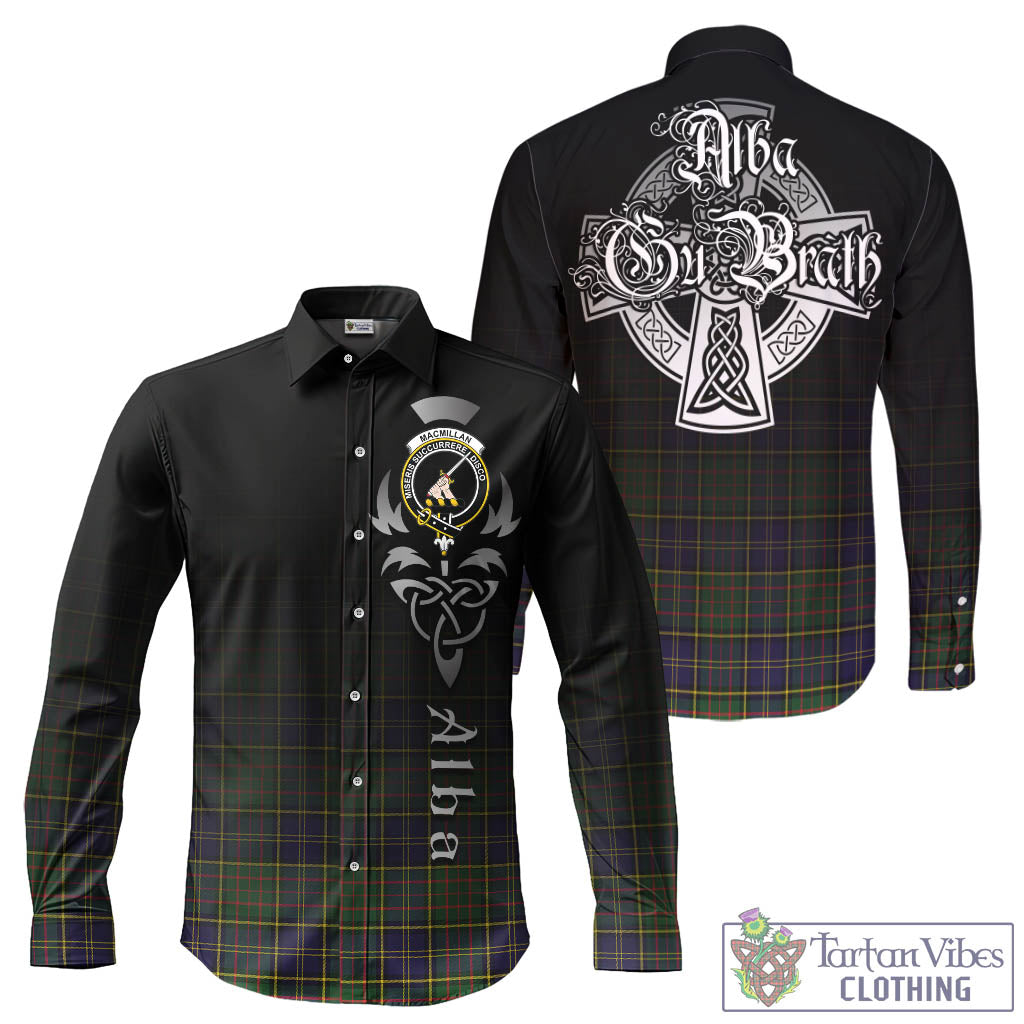 Tartan Vibes Clothing MacMillan Hunting Modern Tartan Long Sleeve Button Up Featuring Alba Gu Brath Family Crest Celtic Inspired