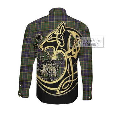 MacMillan Hunting Modern Tartan Long Sleeve Button Shirt with Family Crest Celtic Wolf Style