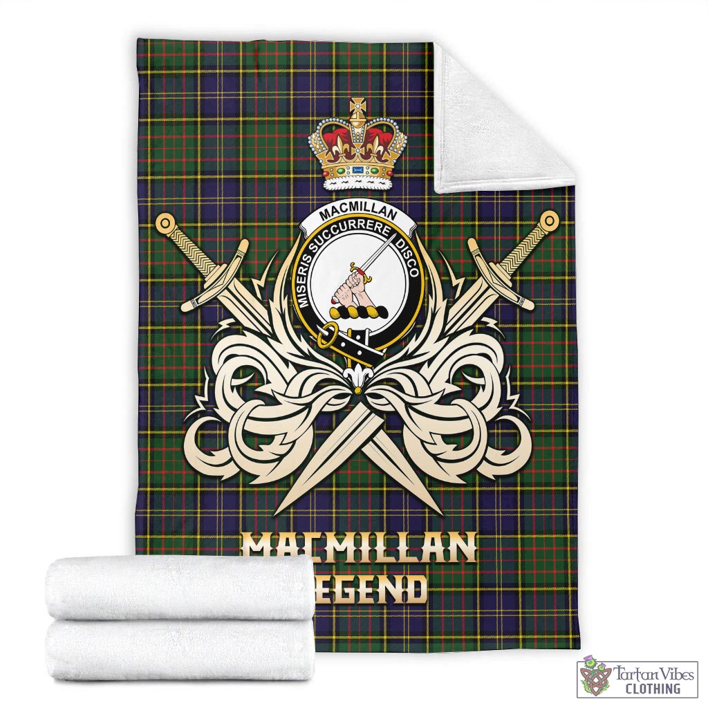 Tartan Vibes Clothing MacMillan Hunting Modern Tartan Blanket with Clan Crest and the Golden Sword of Courageous Legacy