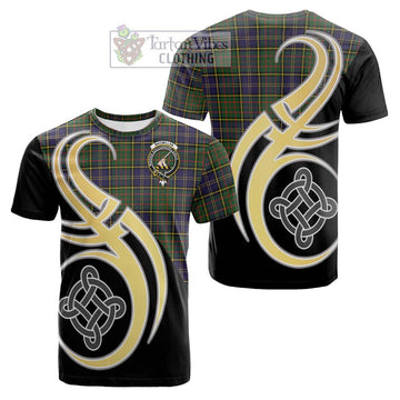 MacMillan Hunting Modern Tartan Cotton T-shirt with Family Crest and Celtic Symbol Style