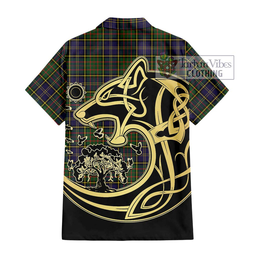 MacMillan Hunting Modern Tartan Short Sleeve Button Shirt with Family Crest Celtic Wolf Style - Tartan Vibes Clothing