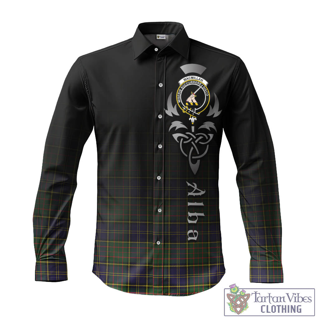 Tartan Vibes Clothing MacMillan Hunting Modern Tartan Long Sleeve Button Up Featuring Alba Gu Brath Family Crest Celtic Inspired