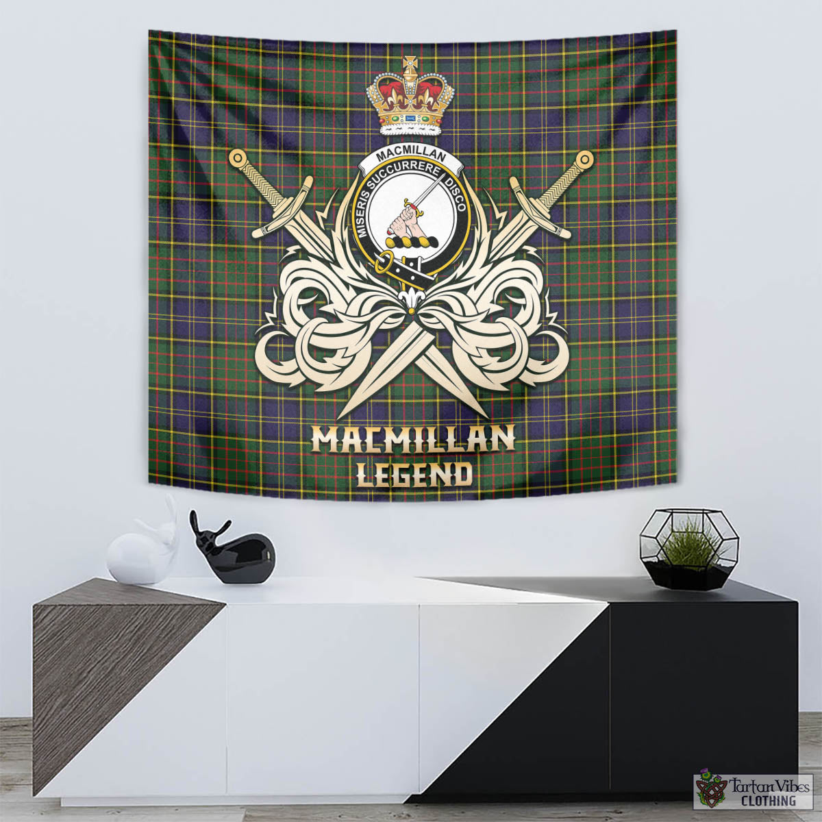 Tartan Vibes Clothing MacMillan Hunting Modern Tartan Tapestry with Clan Crest and the Golden Sword of Courageous Legacy