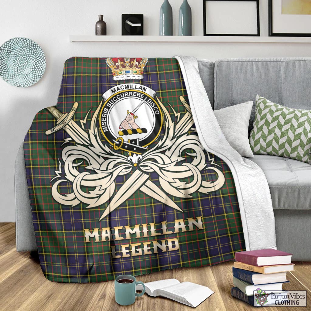 Tartan Vibes Clothing MacMillan Hunting Modern Tartan Blanket with Clan Crest and the Golden Sword of Courageous Legacy