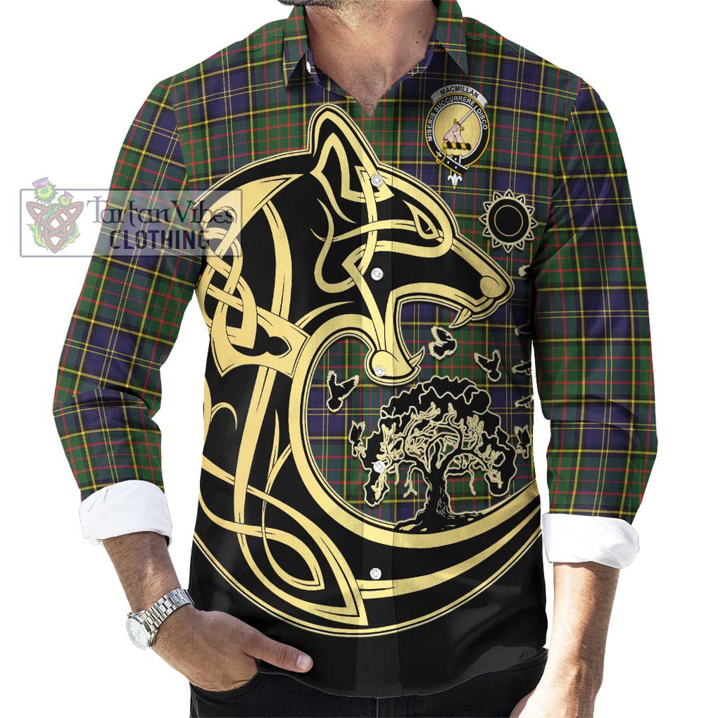 MacMillan Hunting Modern Tartan Long Sleeve Button Shirt with Family Crest Celtic Wolf Style - Tartan Vibes Clothing