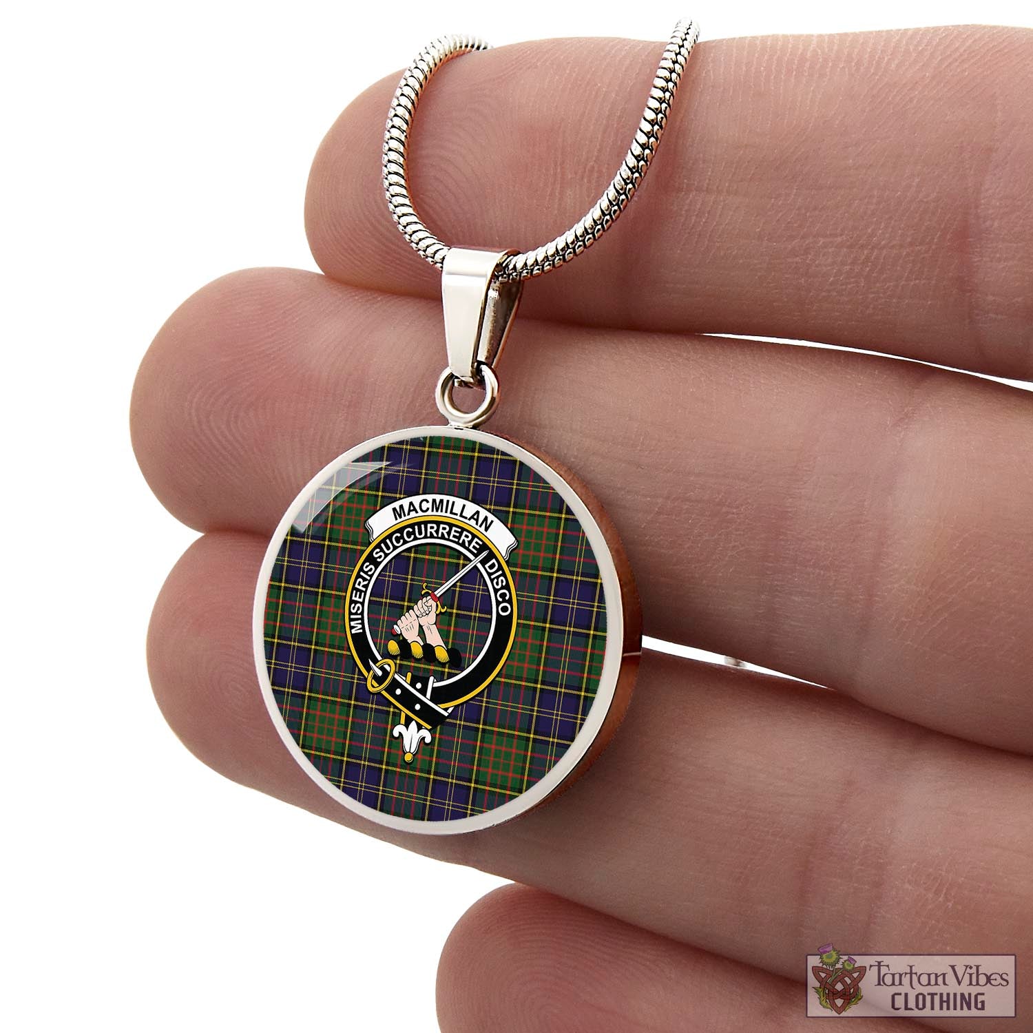 Tartan Vibes Clothing MacMillan Hunting Modern Tartan Circle Necklace with Family Crest