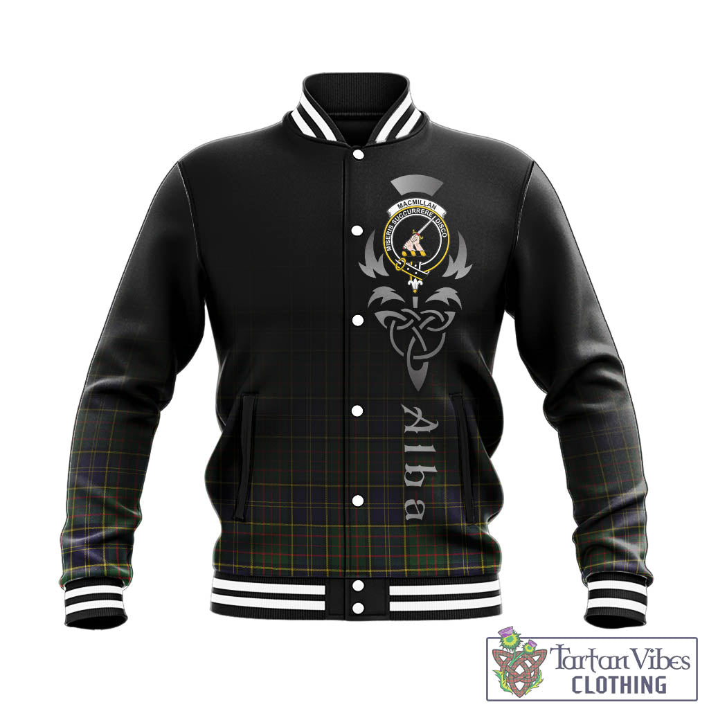 Tartan Vibes Clothing MacMillan Hunting Modern Tartan Baseball Jacket Featuring Alba Gu Brath Family Crest Celtic Inspired