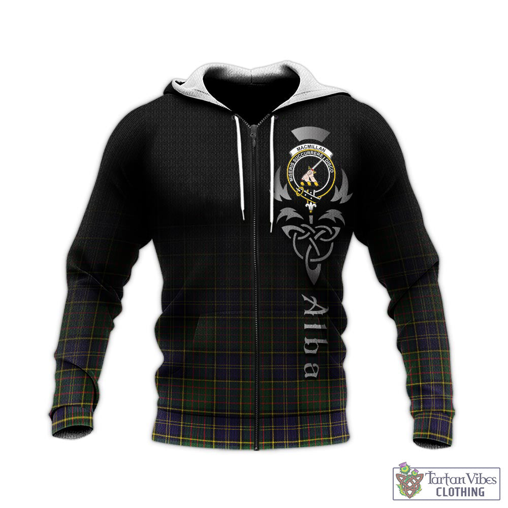 Tartan Vibes Clothing MacMillan Hunting Modern Tartan Knitted Hoodie Featuring Alba Gu Brath Family Crest Celtic Inspired