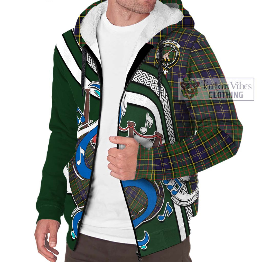 MacMillan Hunting Modern Tartan Sherpa Hoodie with Epic Bagpipe Style Unisex - Tartanvibesclothing Shop