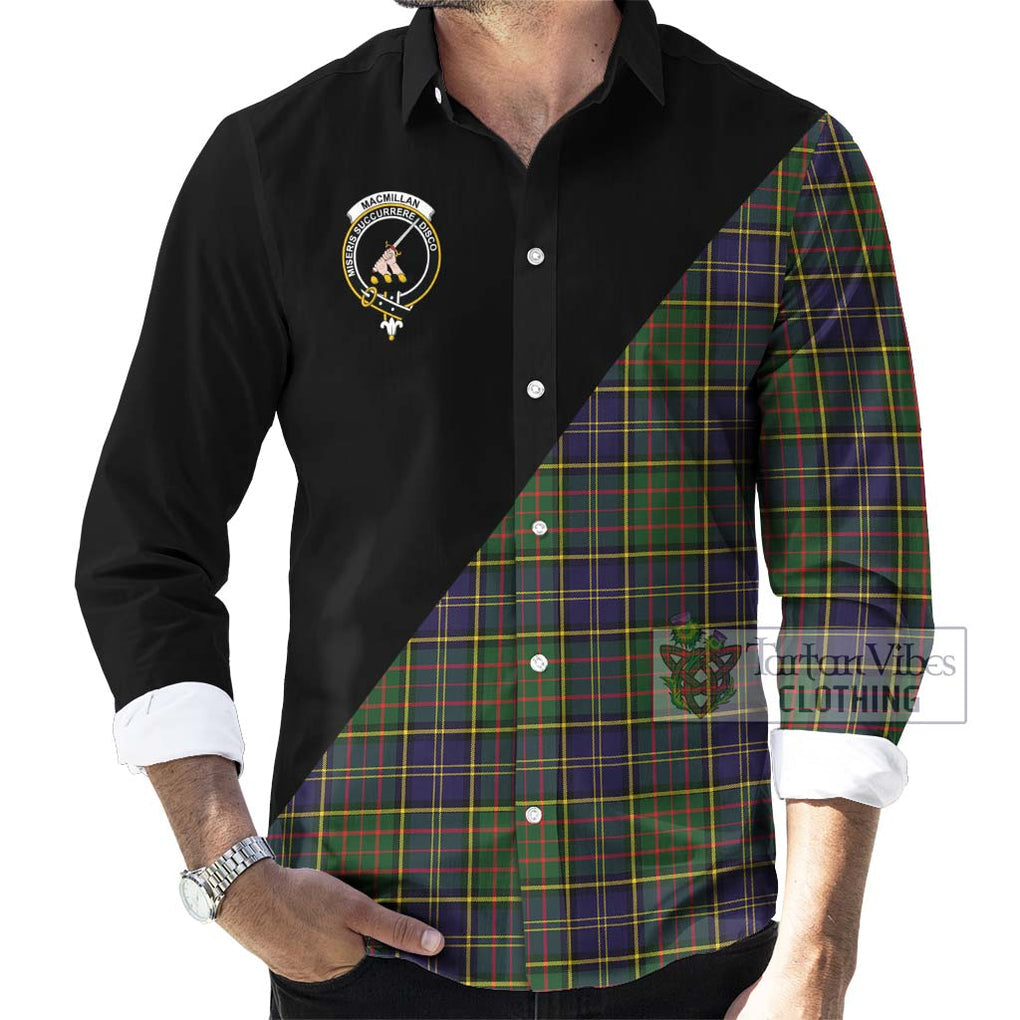 MacMillan Hunting Modern Tartan Long Sleeve Button Shirt with Family Crest and Military Logo Style - Tartanvibesclothing Shop