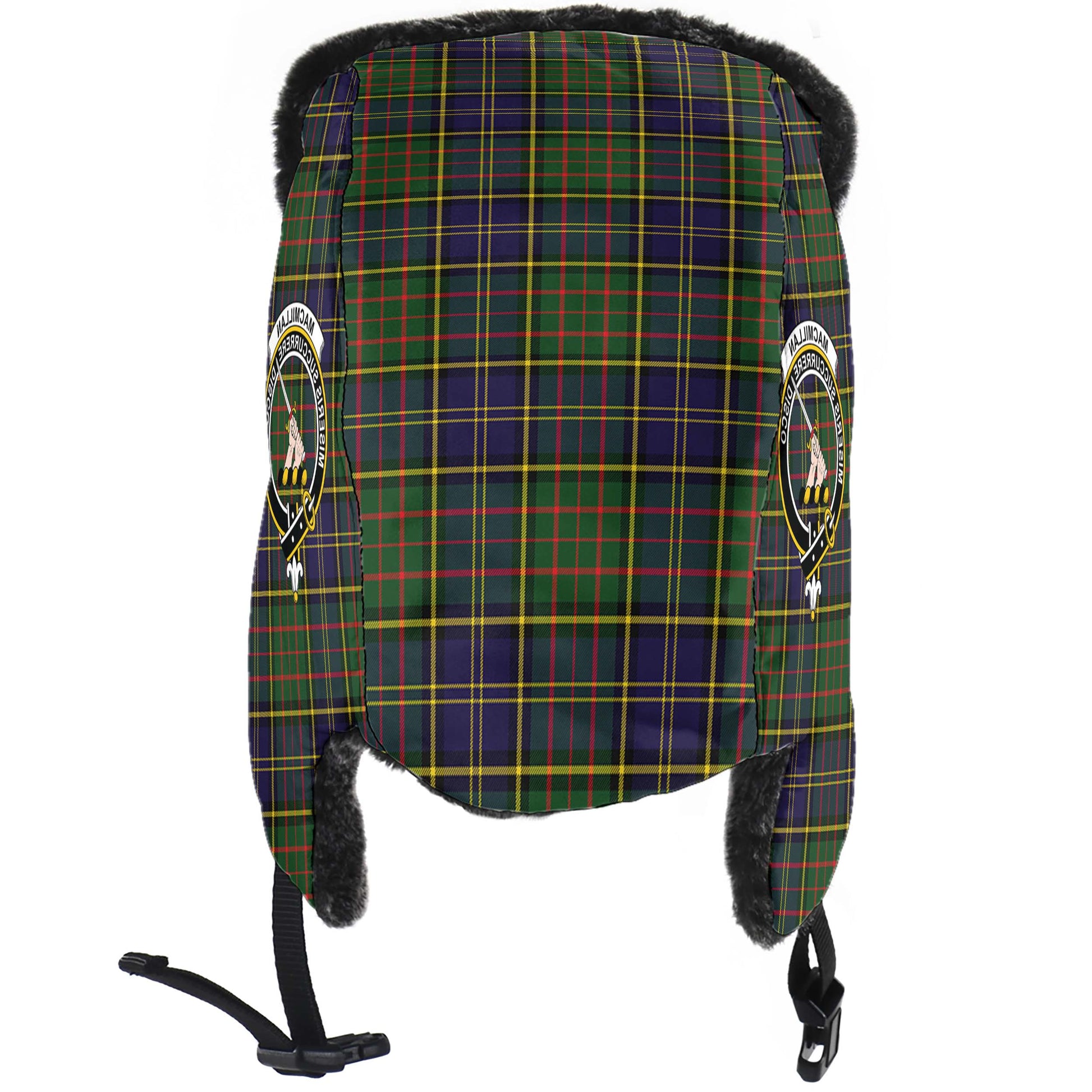 MacMillan Hunting Modern Tartan Winter Trapper Hat with Family Crest - Tartanvibesclothing