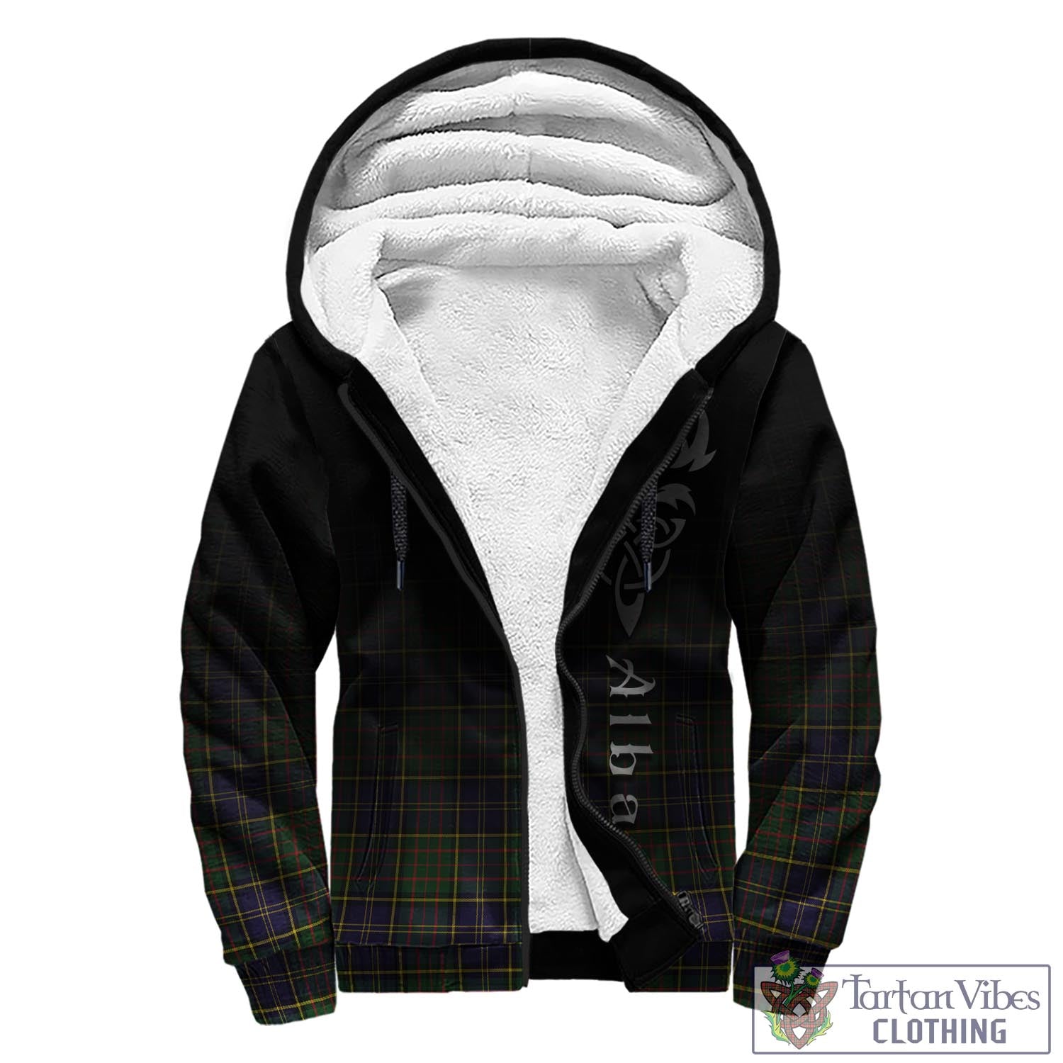 Tartan Vibes Clothing MacMillan Hunting Modern Tartan Sherpa Hoodie Featuring Alba Gu Brath Family Crest Celtic Inspired