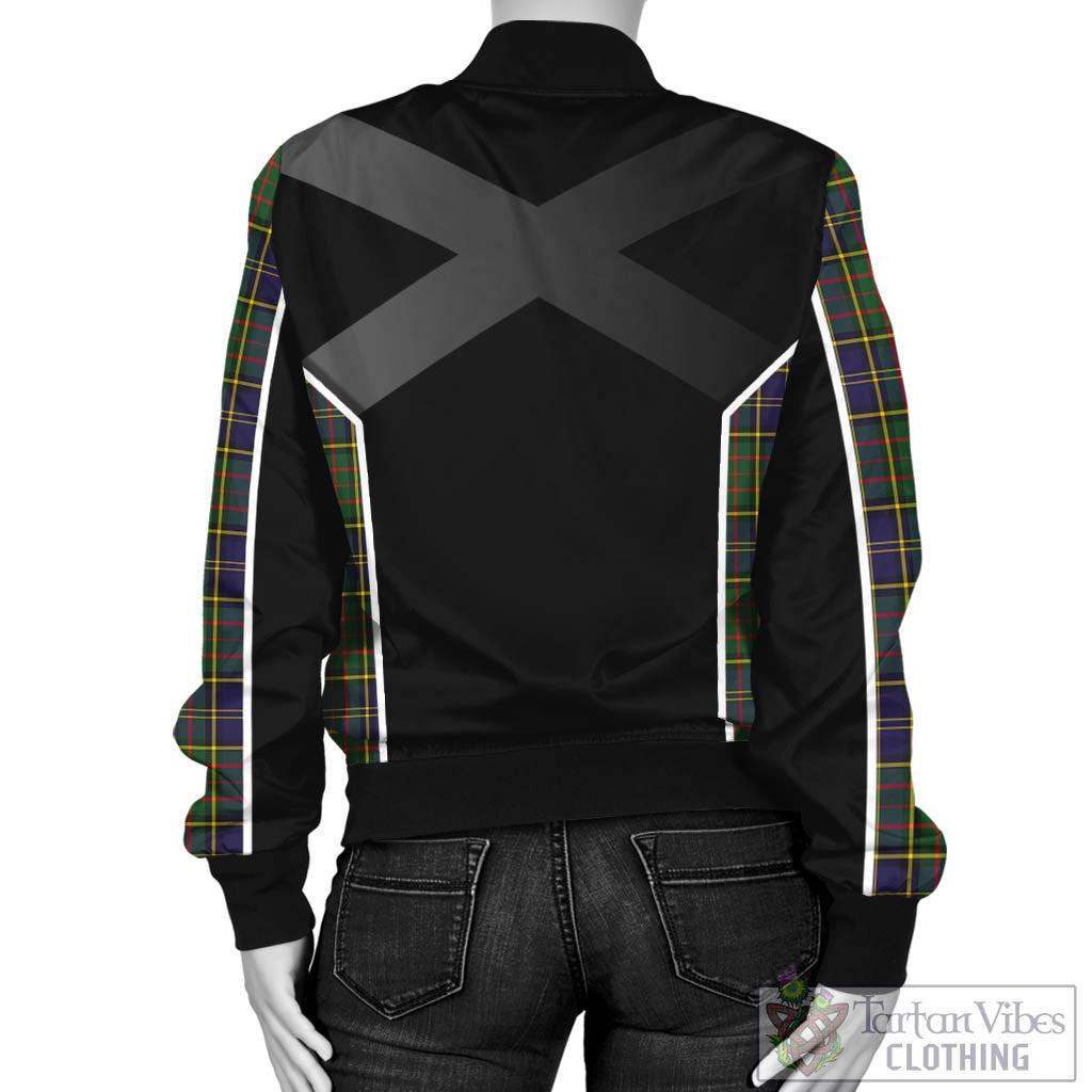 Tartan Vibes Clothing MacMillan Hunting Modern Tartan Bomber Jacket with Family Crest and Scottish Thistle Vibes Sport Style