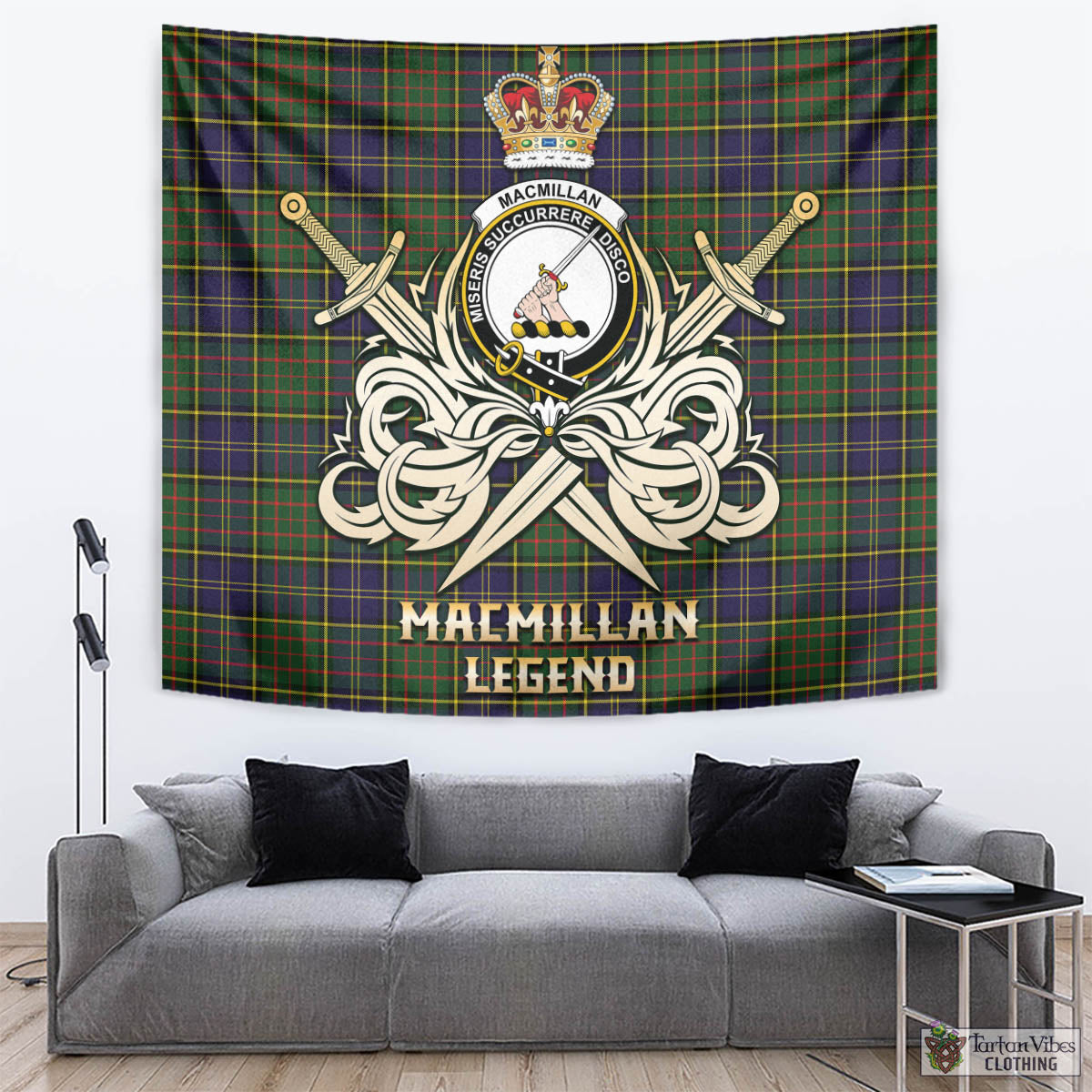 Tartan Vibes Clothing MacMillan Hunting Modern Tartan Tapestry with Clan Crest and the Golden Sword of Courageous Legacy