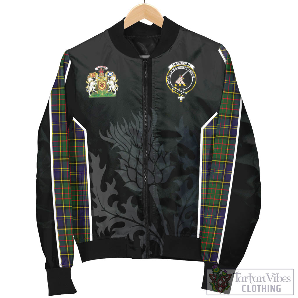 Tartan Vibes Clothing MacMillan Hunting Modern Tartan Bomber Jacket with Family Crest and Scottish Thistle Vibes Sport Style