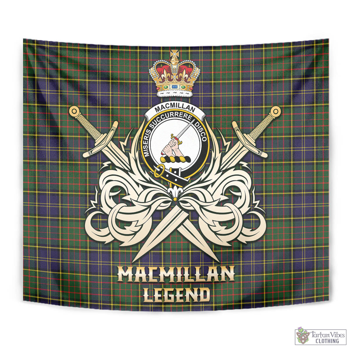 Tartan Vibes Clothing MacMillan Hunting Modern Tartan Tapestry with Clan Crest and the Golden Sword of Courageous Legacy