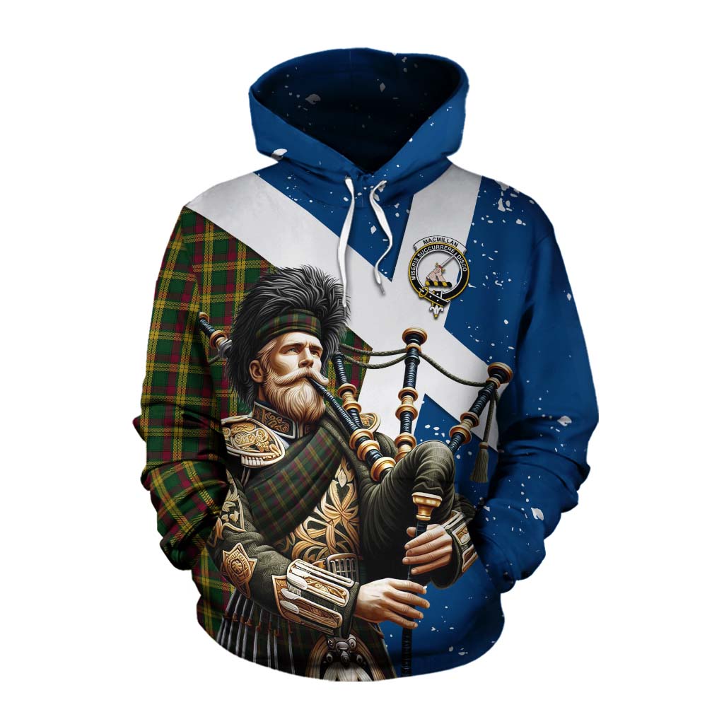 Tartan Vibes Clothing MacMillan (McMillan) Tartan Cotton Hoodie with Family Crest Scottish Bagpiper Vibes