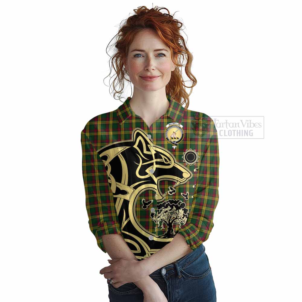 Tartan Vibes Clothing MacMillan (McMillan) Tartan Women's Casual Shirt with Family Crest Celtic Wolf Style