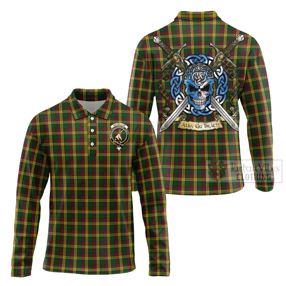 Tartan Vibes Clothing MacMillan (McMillan) Tartan Long Sleeve Polo Shirt with Family Crest Celtic Skull Style