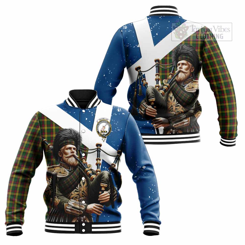 Tartan Vibes Clothing MacMillan (McMillan) Tartan Baseball Jacket with Family Crest Scottish Bagpiper Vibes