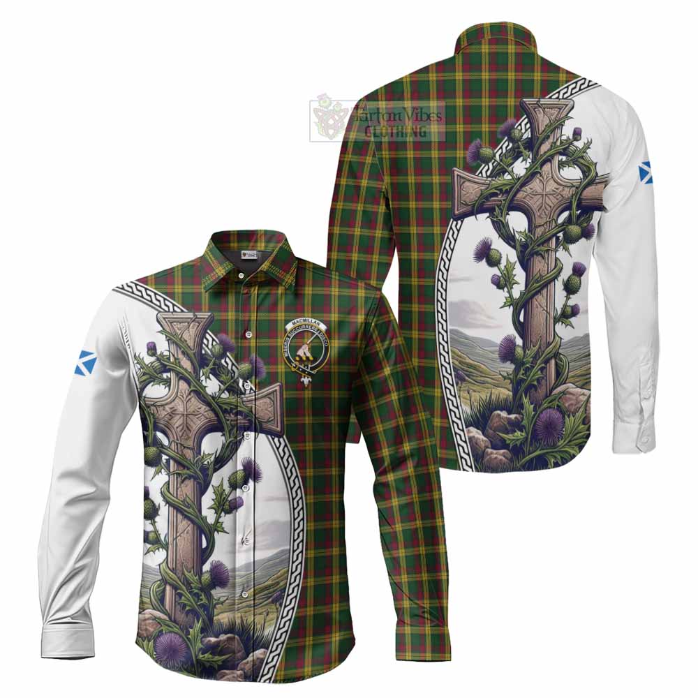 Tartan Vibes Clothing MacMillan (McMillan) Tartan Long Sleeve Button Shirt with Family Crest and St. Andrew's Cross Accented by Thistle Vines