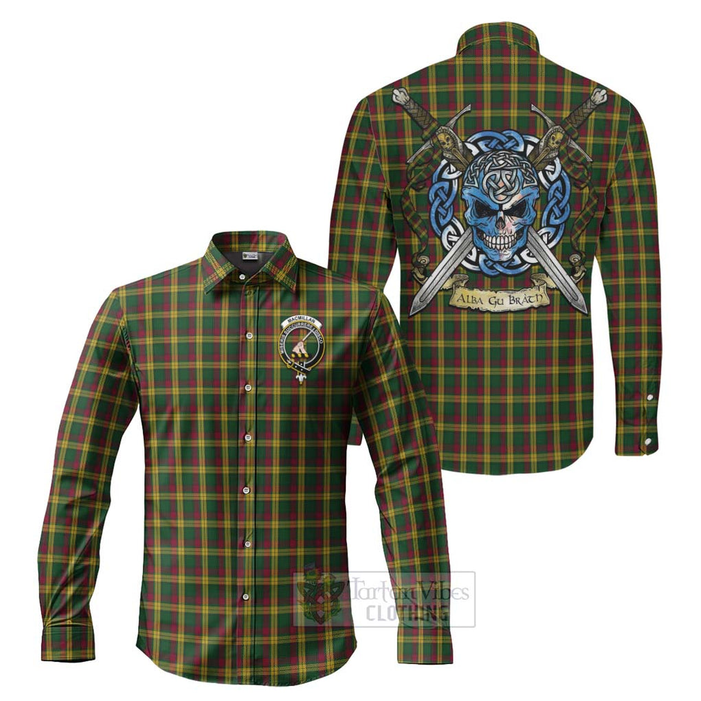 Tartan Vibes Clothing MacMillan (McMillan) Tartan Long Sleeve Button Shirt with Family Crest Celtic Skull Style