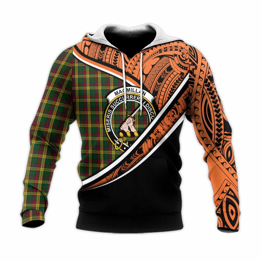 Tartan Vibes Clothing MacMillan (McMillan) Crest Tartan Knitted Hoodie with Maori Tattoo Style - Orange Version