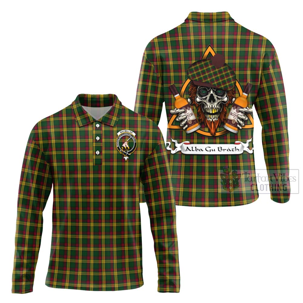 Tartan Vibes Clothing MacMillan (McMillan) Tartan Long Sleeve Polo Shirt with Family Crest and Bearded Skull Holding Bottles of Whiskey