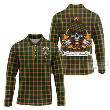 MacMillan (McMillan) Tartan Long Sleeve Polo Shirt with Family Crest and Bearded Skull Holding Bottles of Whiskey