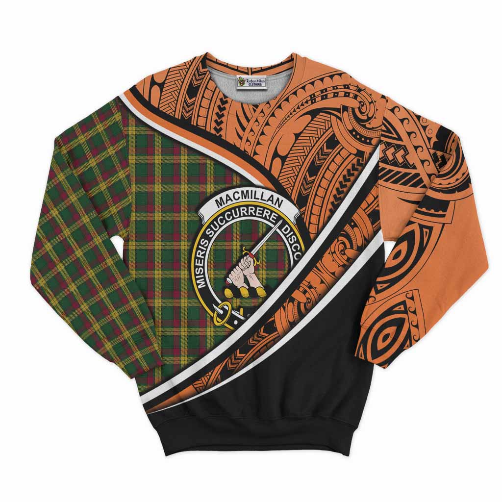 Tartan Vibes Clothing MacMillan (McMillan) Crest Tartan Sweatshirt with Maori Tattoo Style - Orange Version