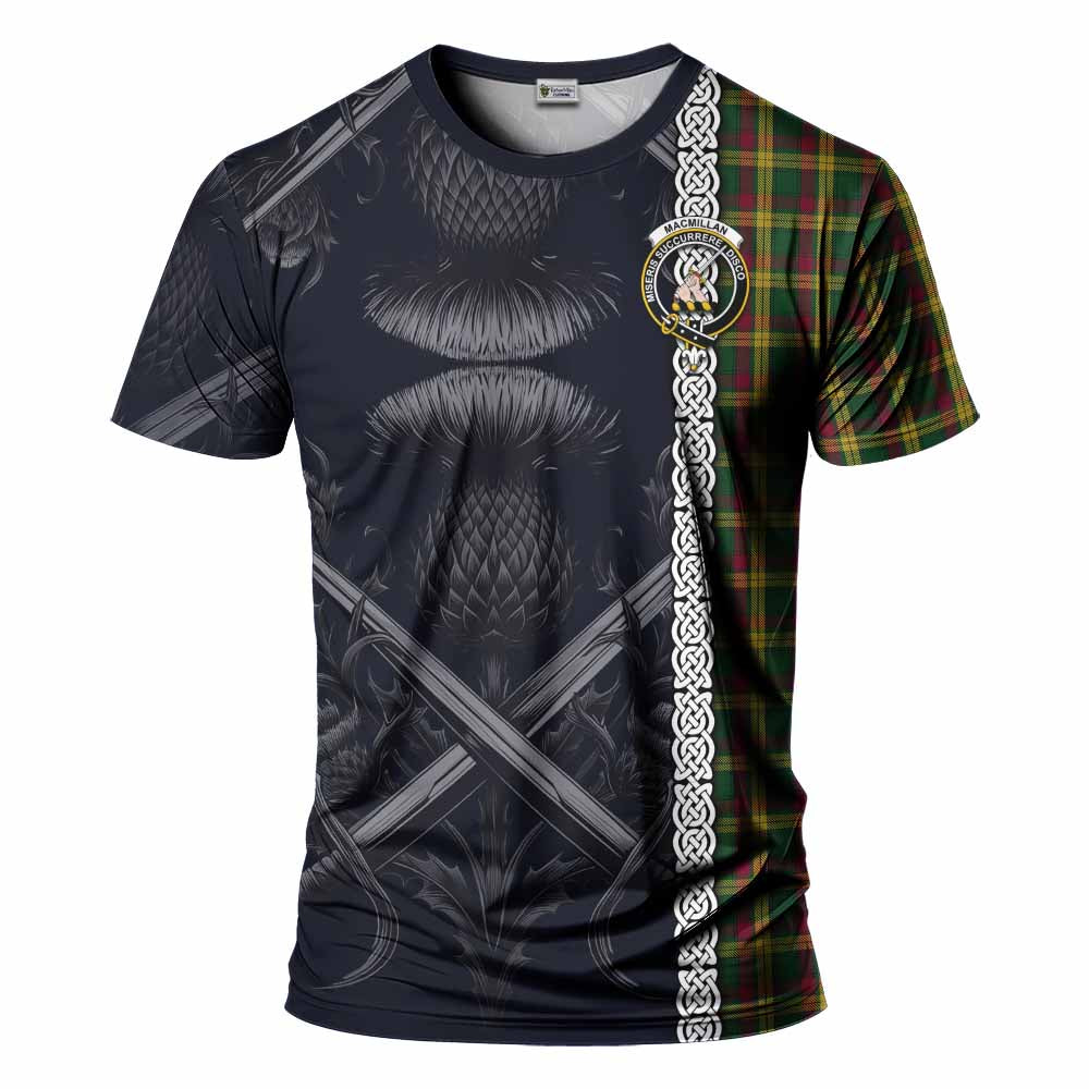 Tartan Vibes Clothing MacMillan (McMillan) Tartan T-Shirt with Family Crest Cross Sword Thistle Celtic Vibes