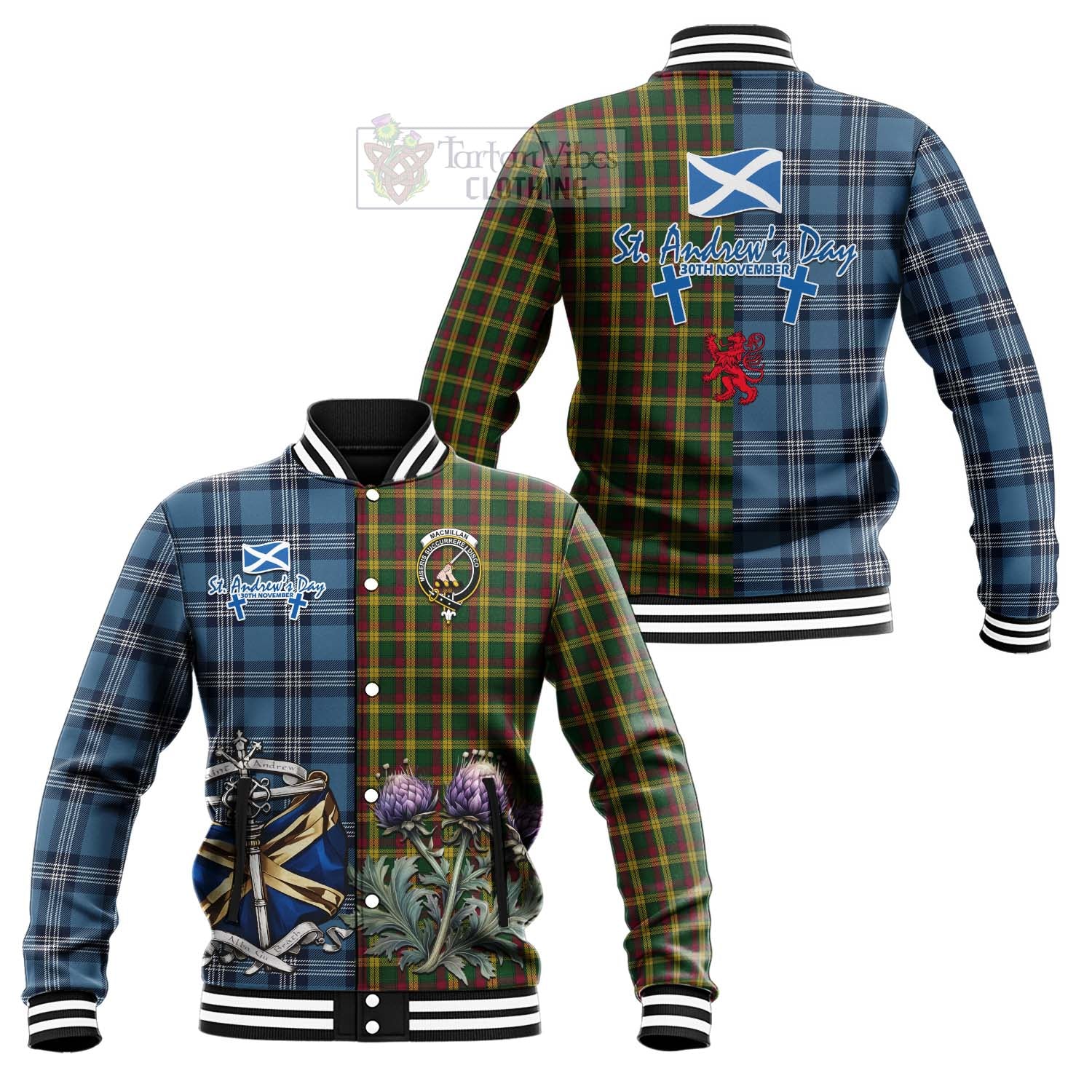 Tartan Vibes Clothing MacMillan (McMillan) Tartan Baseball Jacket Happy St. Andrew's Day Half Tartan Style