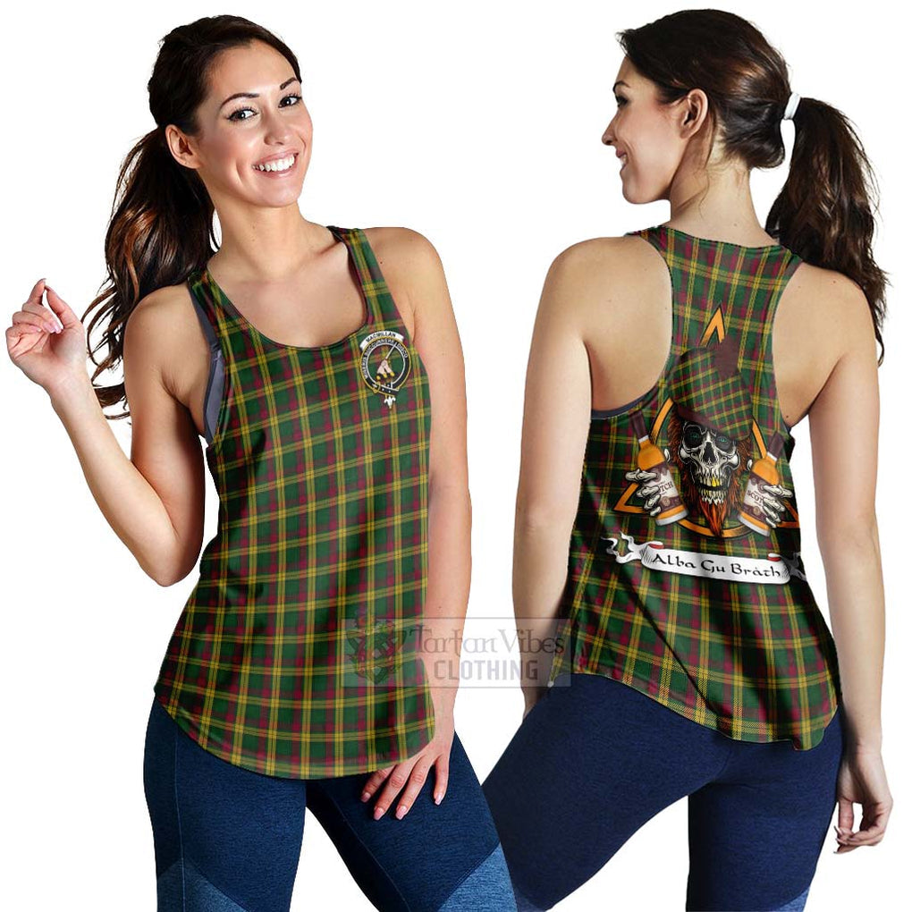 Tartan Vibes Clothing MacMillan (McMillan) Tartan Women's Racerback Tanks with Family Crest and Bearded Skull Holding Bottles of Whiskey