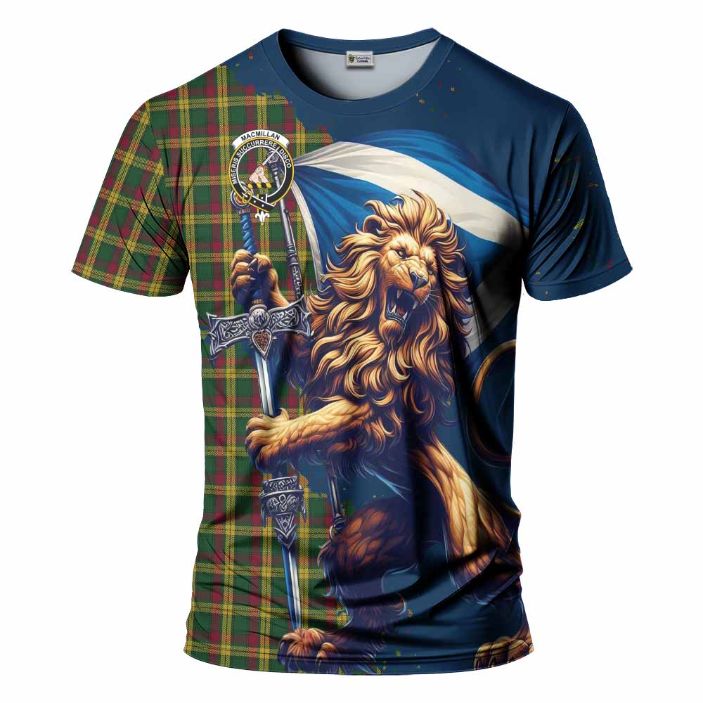 Tartan Vibes Clothing MacMillan (McMillan) Tartan Family Crest T-Shirt with Scottish Majestic Lion