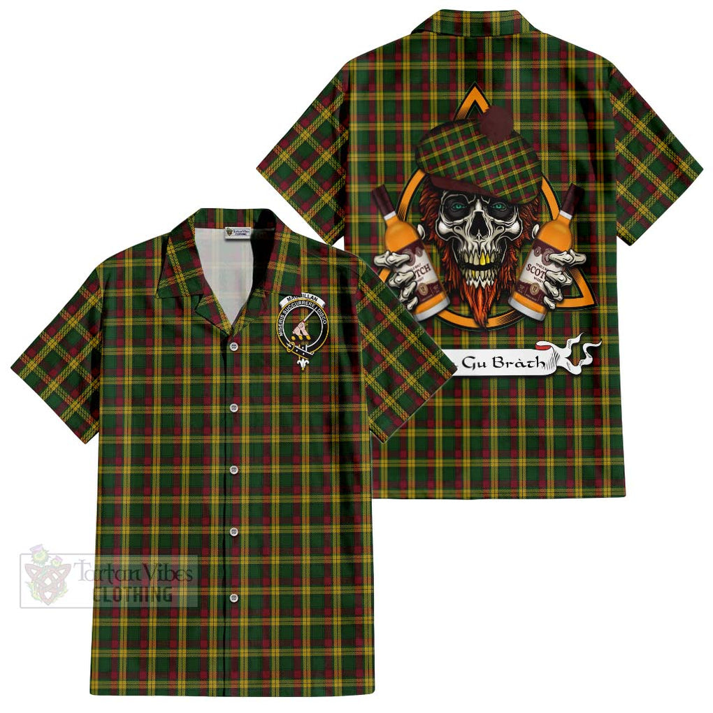 Tartan Vibes Clothing MacMillan (McMillan) Tartan Short Sleeve Button Shirt with Family Crest and Bearded Skull Holding Bottles of Whiskey