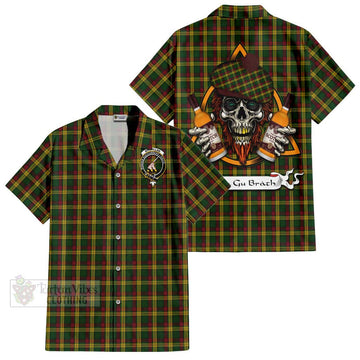 MacMillan (McMillan) Tartan Short Sleeve Button Shirt with Family Crest and Bearded Skull Holding Bottles of Whiskey