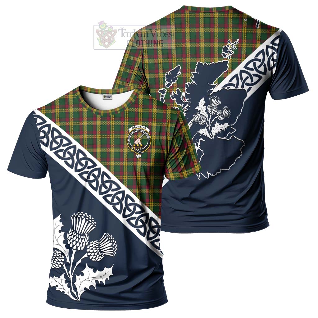 MacMillan (McMillan) Tartan T-Shirt Featuring Thistle and Scotland Map