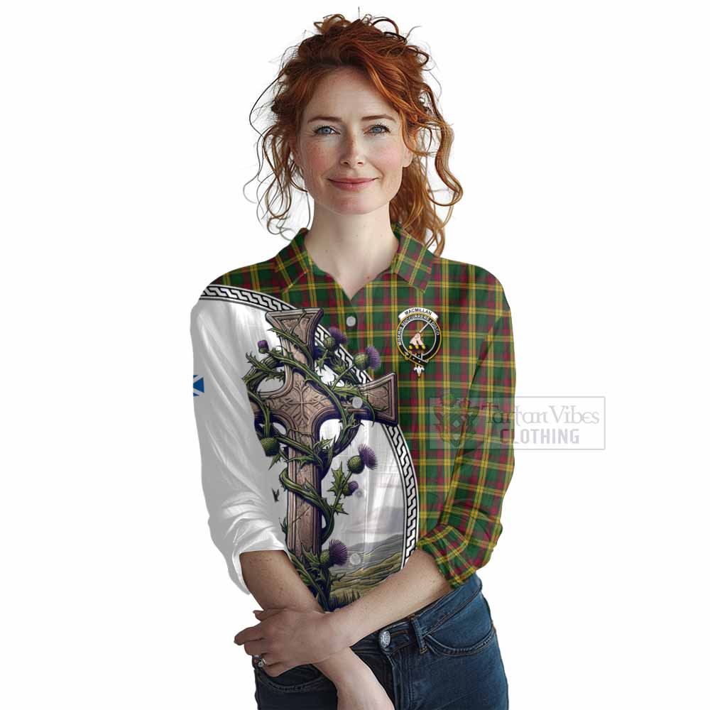 Tartan Vibes Clothing MacMillan (McMillan) Tartan Women's Casual Shirt with Family Crest and St. Andrew's Cross Accented by Thistle Vines