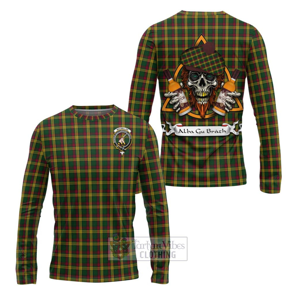 Tartan Vibes Clothing MacMillan (McMillan) Tartan Long Sleeve T-Shirt with Family Crest and Bearded Skull Holding Bottles of Whiskey