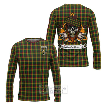 MacMillan (McMillan) Tartan Long Sleeve T-Shirt with Family Crest and Bearded Skull Holding Bottles of Whiskey