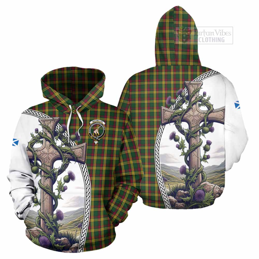 Tartan Vibes Clothing MacMillan (McMillan) Tartan Hoodie with Family Crest and St. Andrew's Cross Accented by Thistle Vines