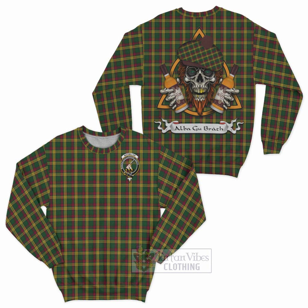 Tartan Vibes Clothing MacMillan (McMillan) Tartan Sweatshirt with Family Crest and Bearded Skull Holding Bottles of Whiskey