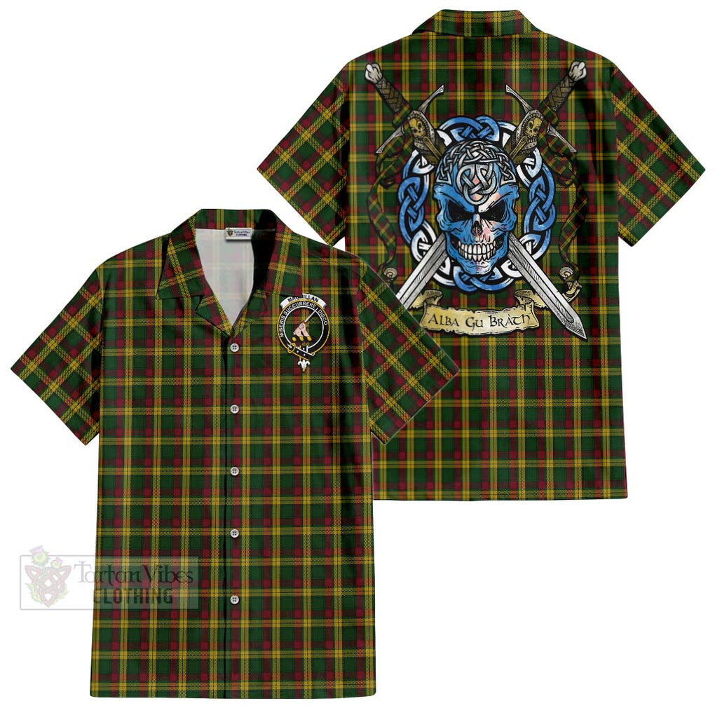 Tartan Vibes Clothing MacMillan (McMillan) Tartan Short Sleeve Button Shirt with Family Crest Celtic Skull Style