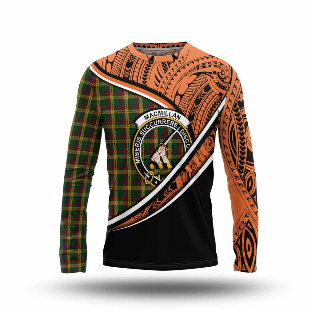 Tartan Vibes Clothing MacMillan (McMillan) Crest Tartan Long Sleeve T-Shirt with Maori Tattoo Style - Orange Version